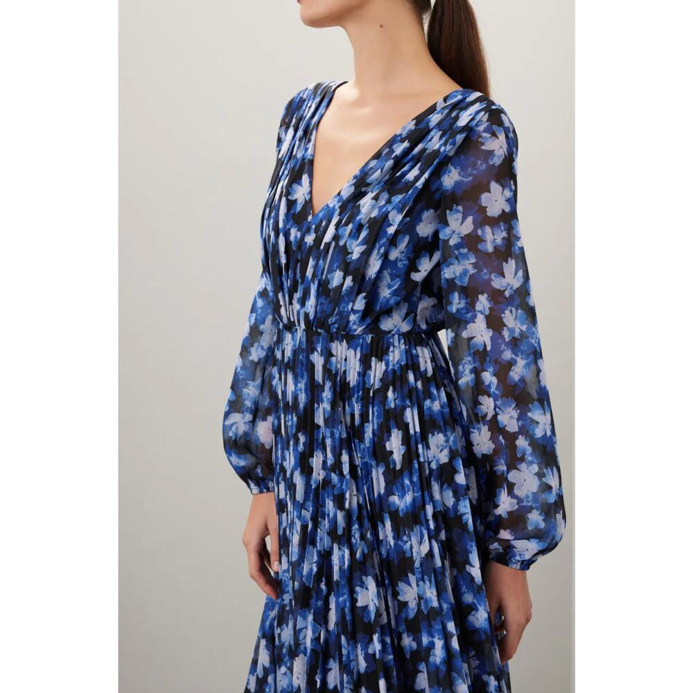 ML Monique Lhuillier Melanie Blue Floral Pleated Maxi Dress Size 4 - Picture 3 of 12